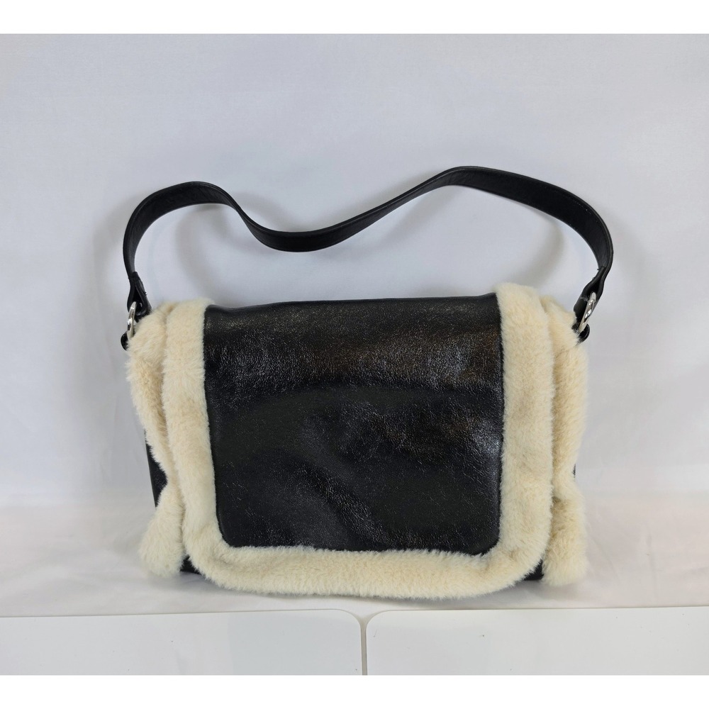 BCBGeneration Black Faux Leather Faux Fur Shearling Flap Shoulder Bag Purse Med